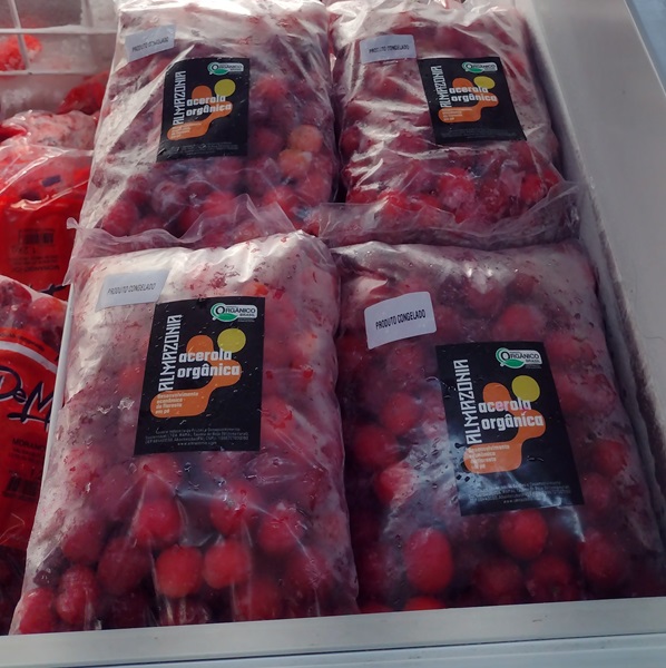 Frozen organic acerola fruit in supermarket freezer in Belém